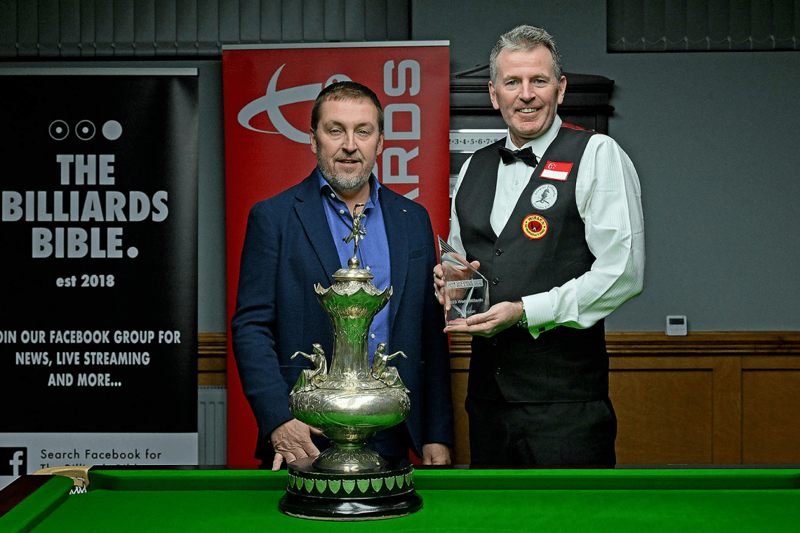 2023 World Billiards Championship winner Peter Glchrist with Paul Lloyd owner of Landywood Snooker Club