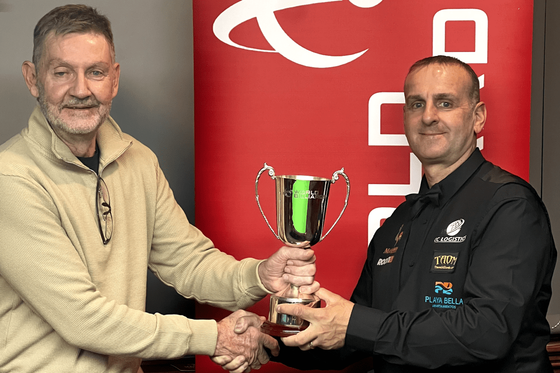 2023 English Open winner David Causier pictured with World Billiards Managing Director Jason Colebrook